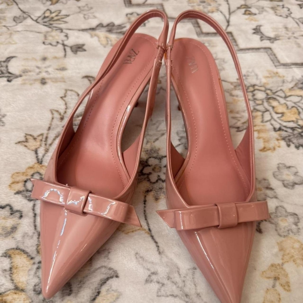 Zara Pink Patent Leather Pointed Toe Bow Slingback Heels